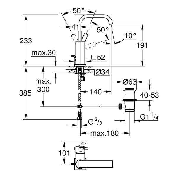Maattekening Grohe Allure wastafelmengkraan L-Size
