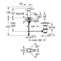 Maattekening Grohe Allure bidetmengkraan M-Size