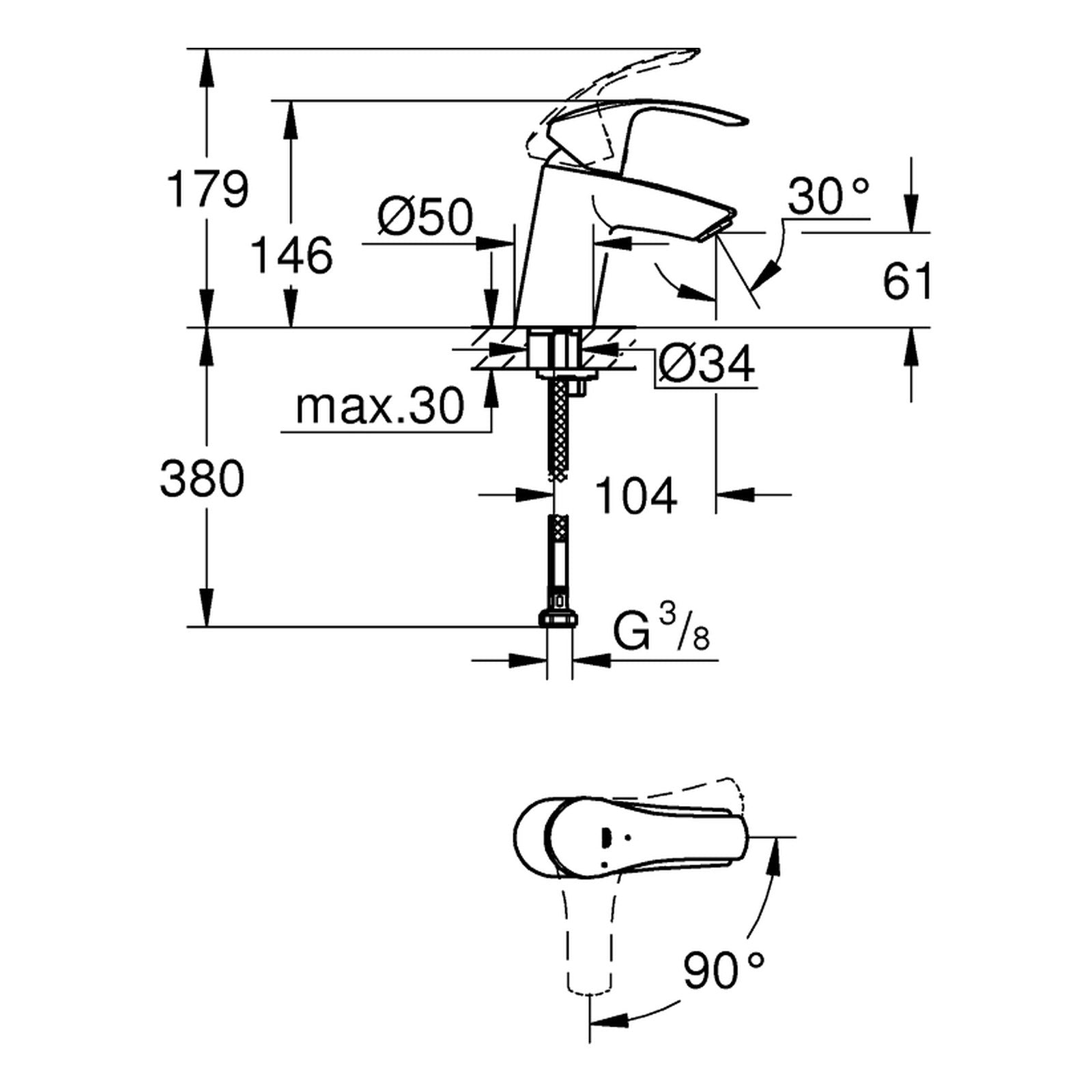 Maattekening Grohe Eurosmart wastafelmengkraan S-Size