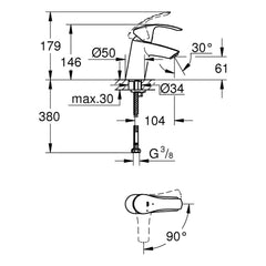 Maattekening Grohe Eurosmart wastafelmengkraan S-Size