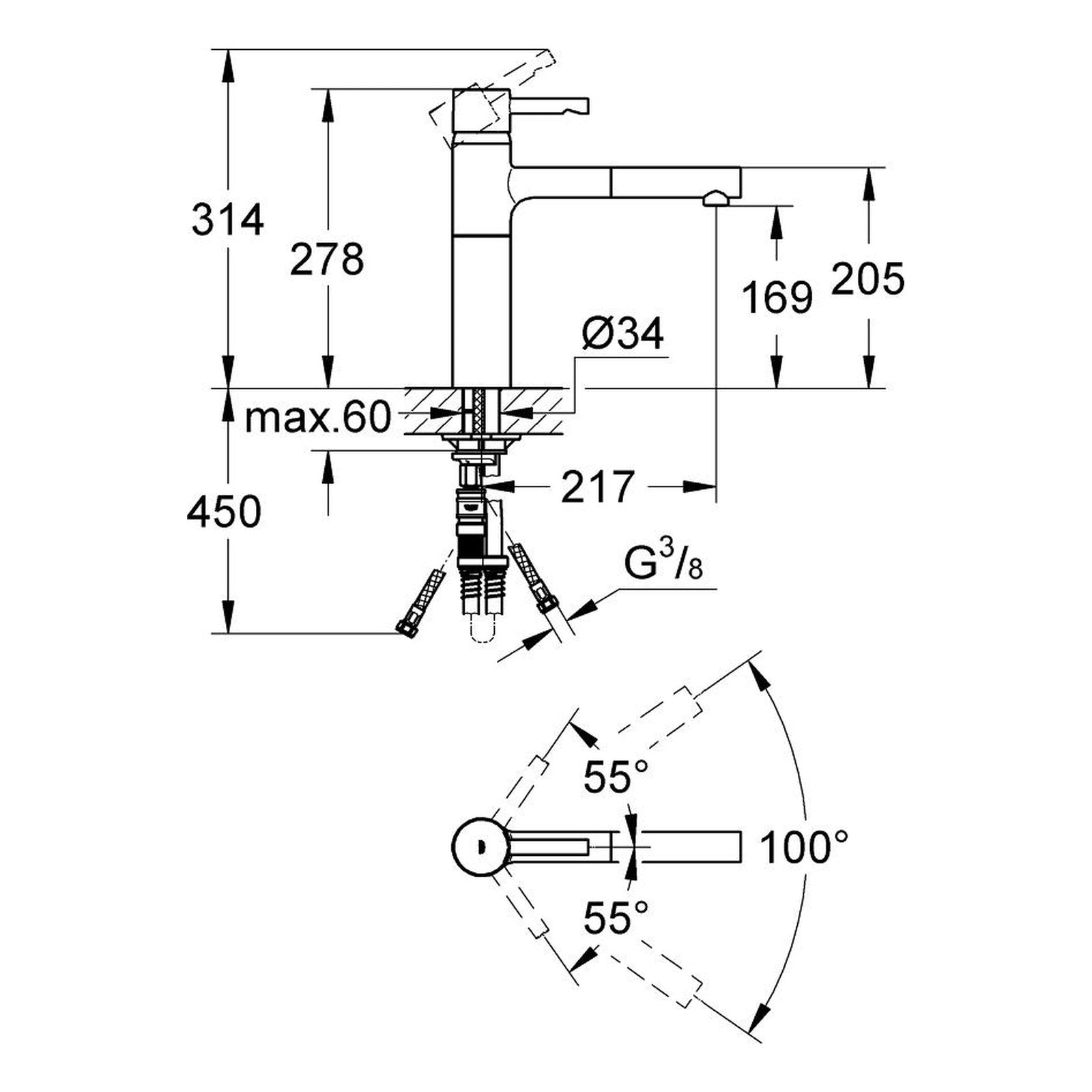 Maattekening Grohe Essence keukenmengkraan