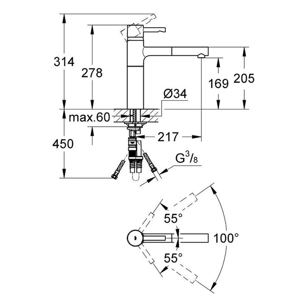 Maattekening Grohe Essence keukenmengkraan