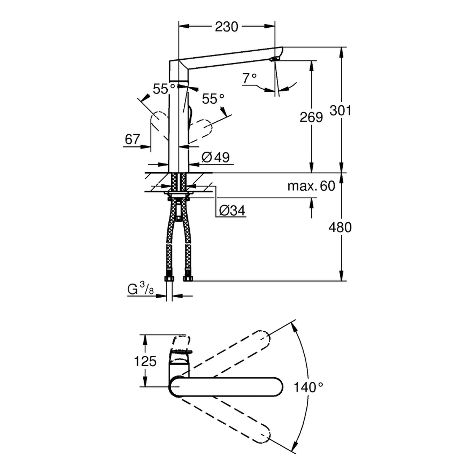 Maattekening Grohe K7 keukenmengkraan