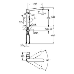 Maattekening Grohe K7 keukenmengkraan