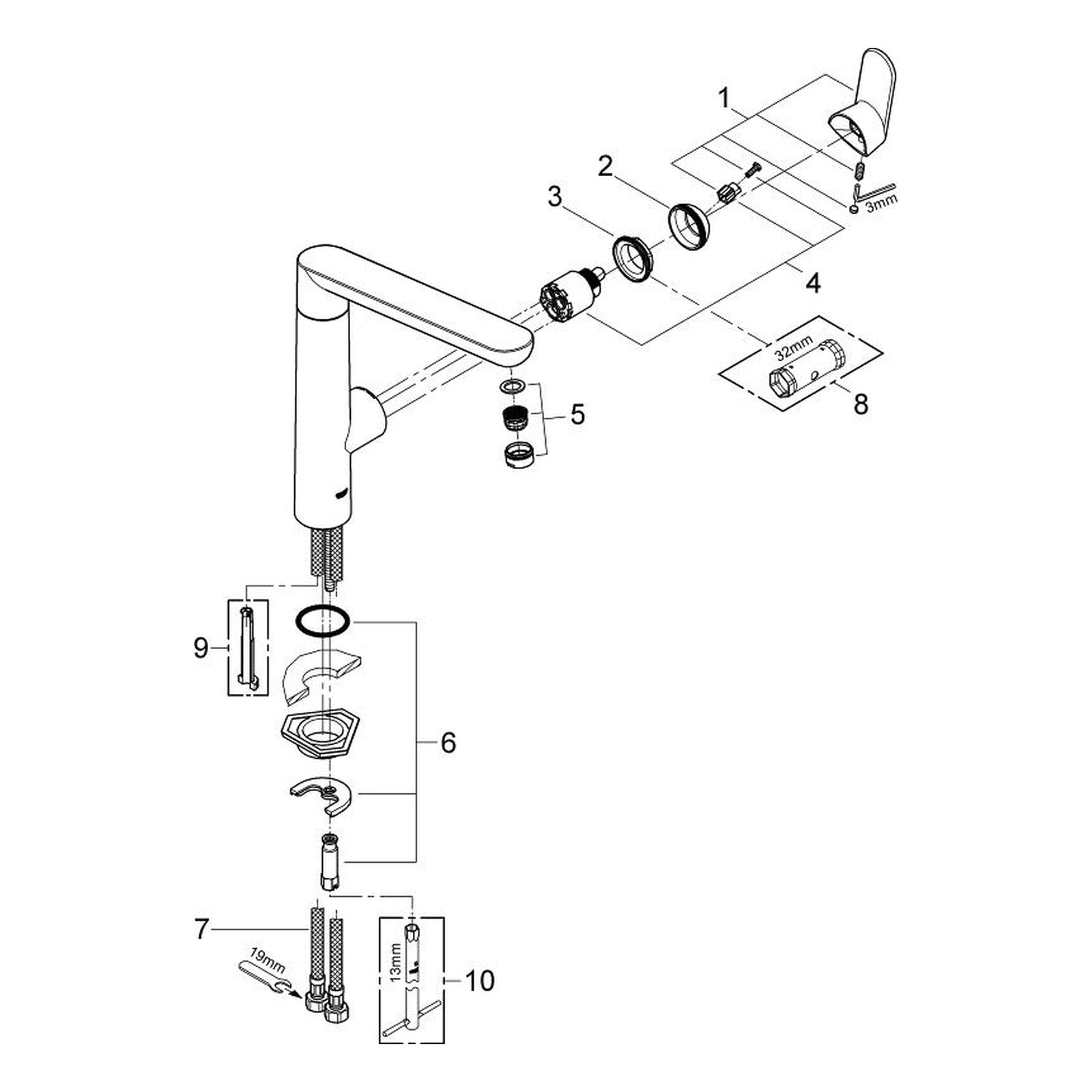 Onderdelentekening Grohe K7 keukenmengkraan 2008–2016