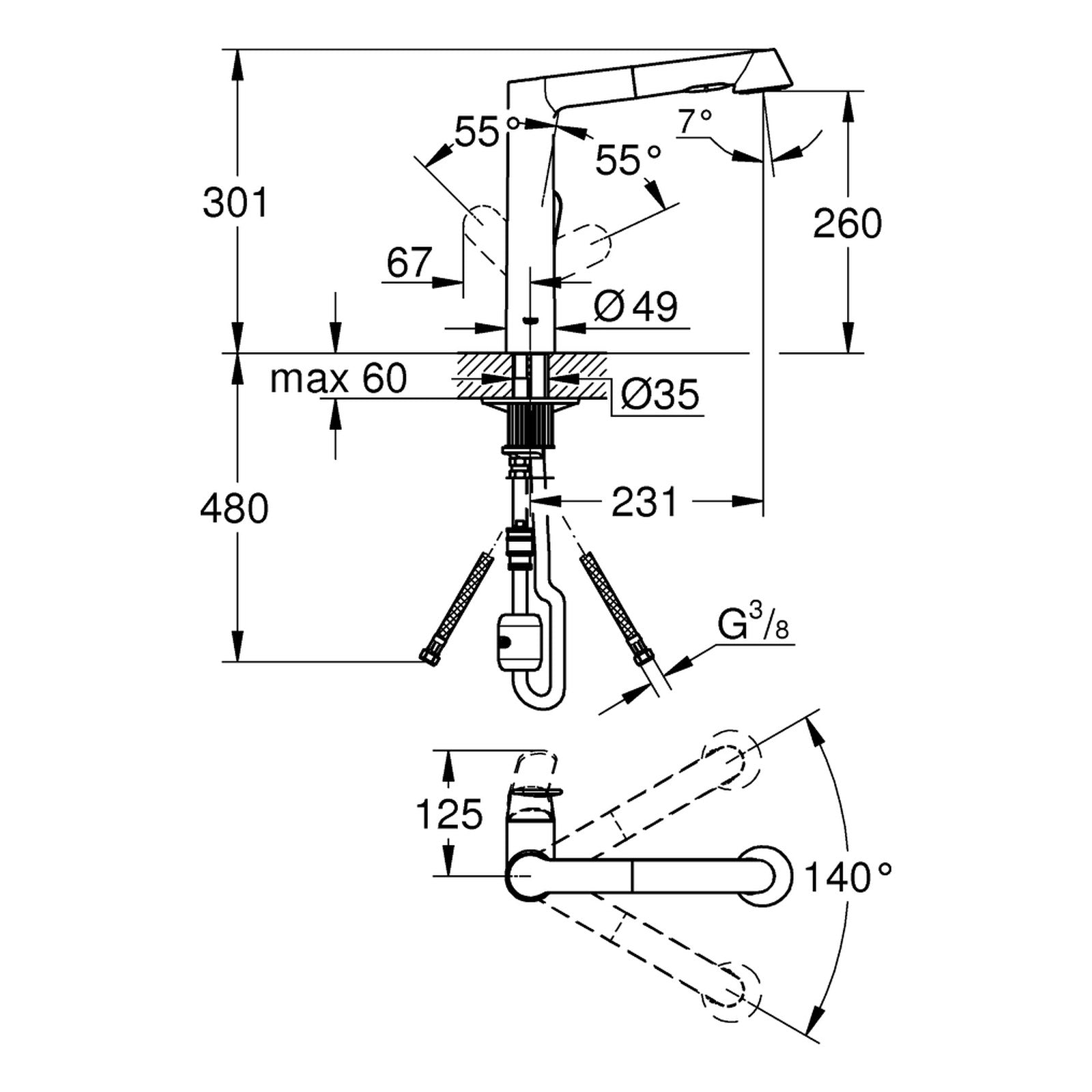 Maattekening Grohe K7 keukenmengkraan