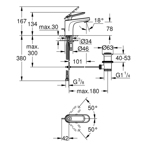 Maattekening Grohe Veris wastafelmengkraan S-Size