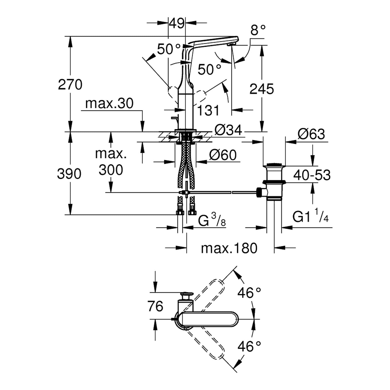 Maattekening Grohe Veris wastafelmengkraan L-Size