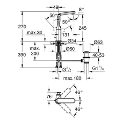 Maattekening Grohe Veris wastafelmengkraan L-Size