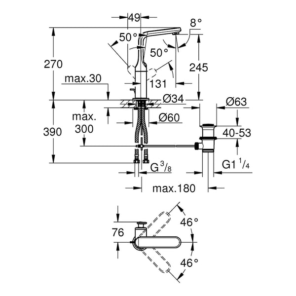Maattekening Grohe Veris wastafelmengkraan L-Size