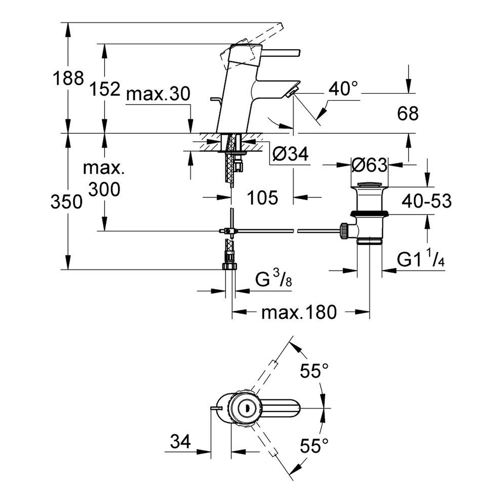 Maattekening Grohe Concetto wastafelmengkraan
