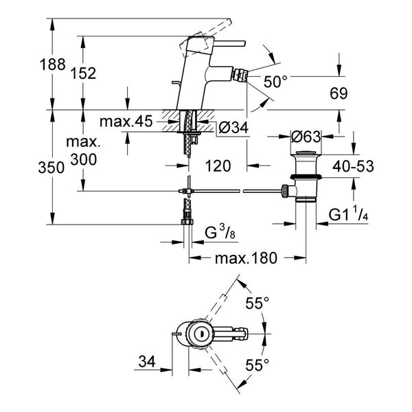 Maattekening Grohe Concetto bidetmengkraan S-Size