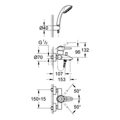 Maattekening Grohe Concetto single-lever bath mixer with shower set