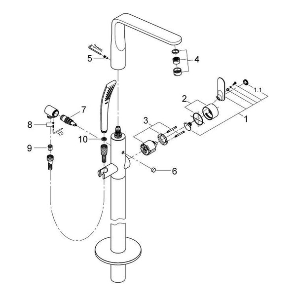 Onderdelentekening Grohe Veris badmengkraan, vloermontage