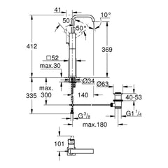 Maattekening Grohe Allure wastafelmengkraan XL-Size