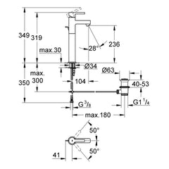 Maattekening Grohe Lineare wastafelmengkraan XL-Size