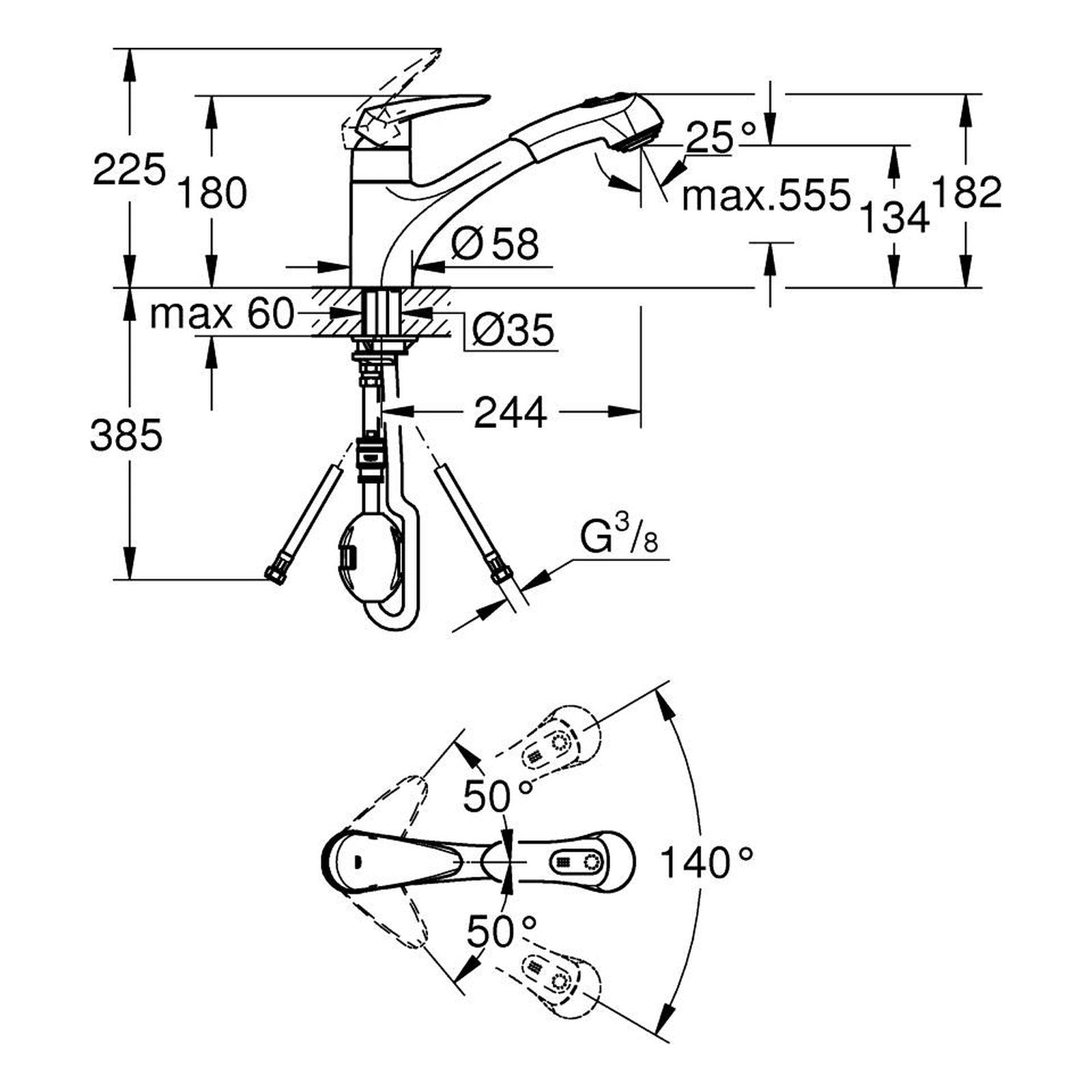 Maattekening Grohe Eurodisc keukenmengkraan