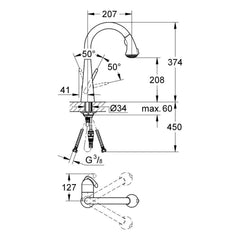 Maattekening Grohe Zedra keukenmengkraan