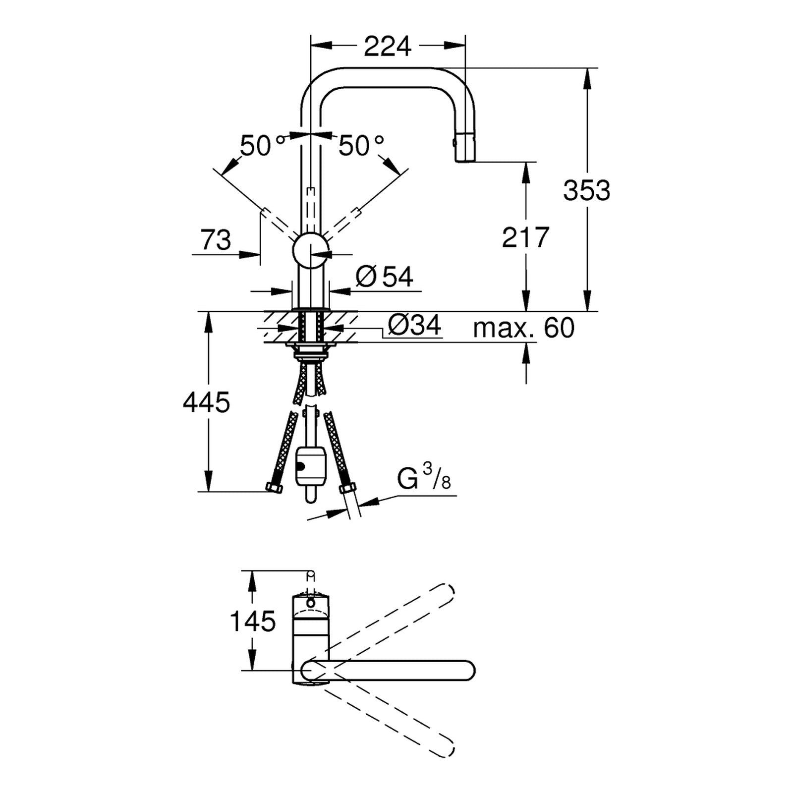 Maattekening Grohe Minta keukenmengkraan