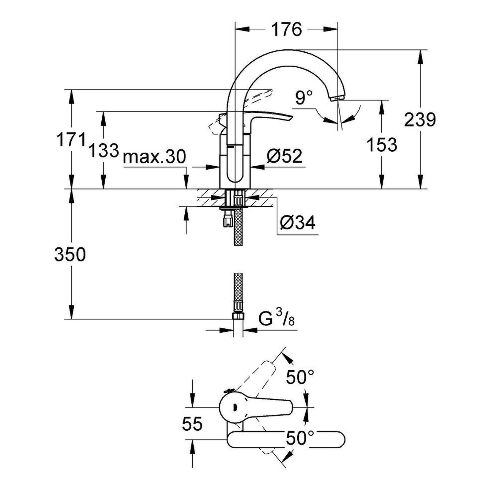 Maattekening Grohe Eurostyle wastafelmengkraan L-Size