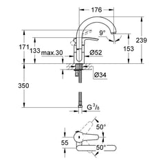 Maattekening Grohe Eurostyle wastafelmengkraan L-Size