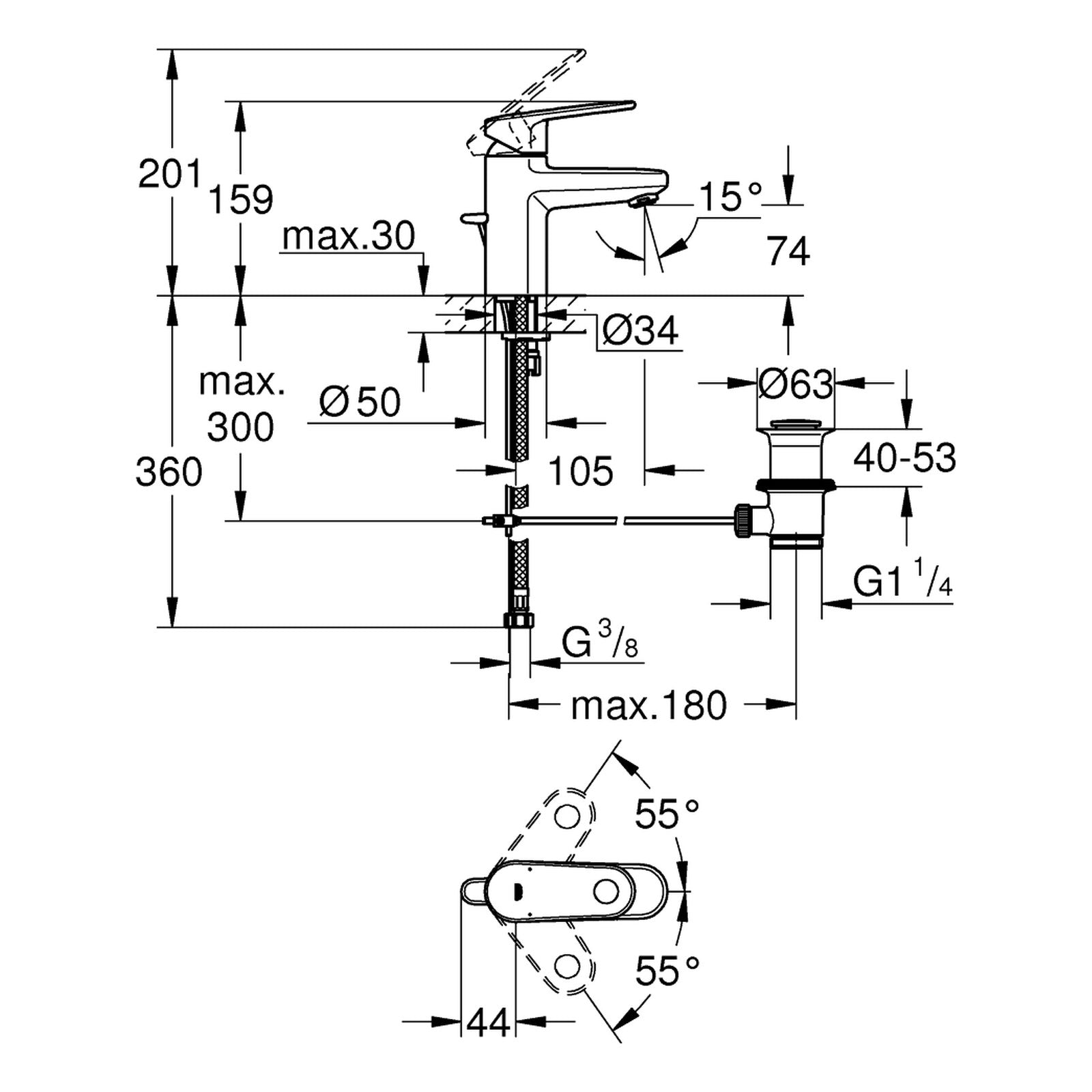 Maattekening Grohe Europlus wastafelmengkraan S-Size