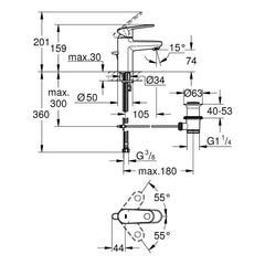 Maattekening Grohe Europlus wastafelmengkraan S-Size