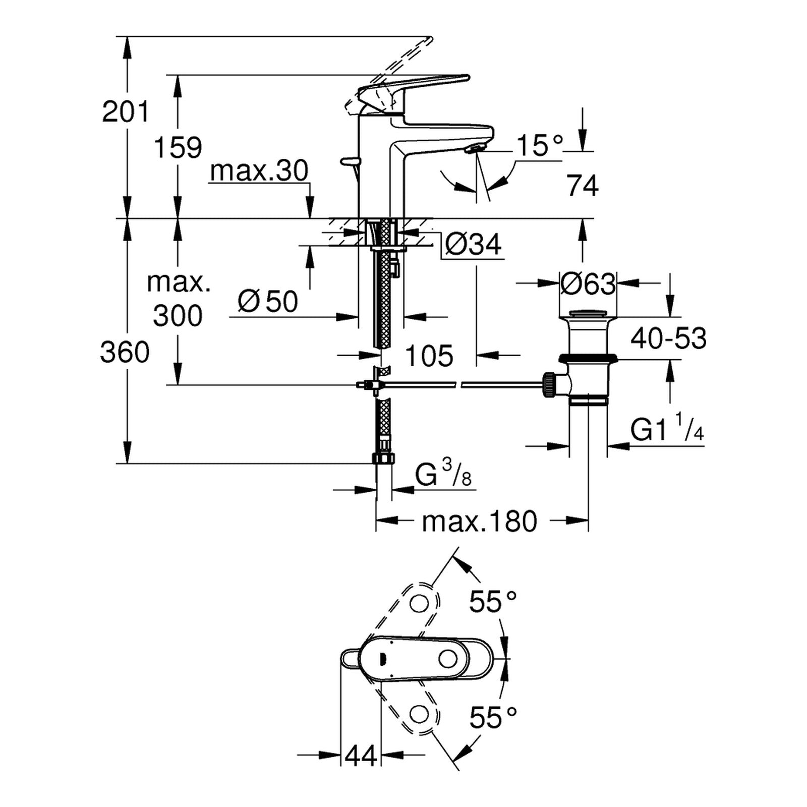 Maattekening Grohe Europlus wastafelmengkraan S-Size