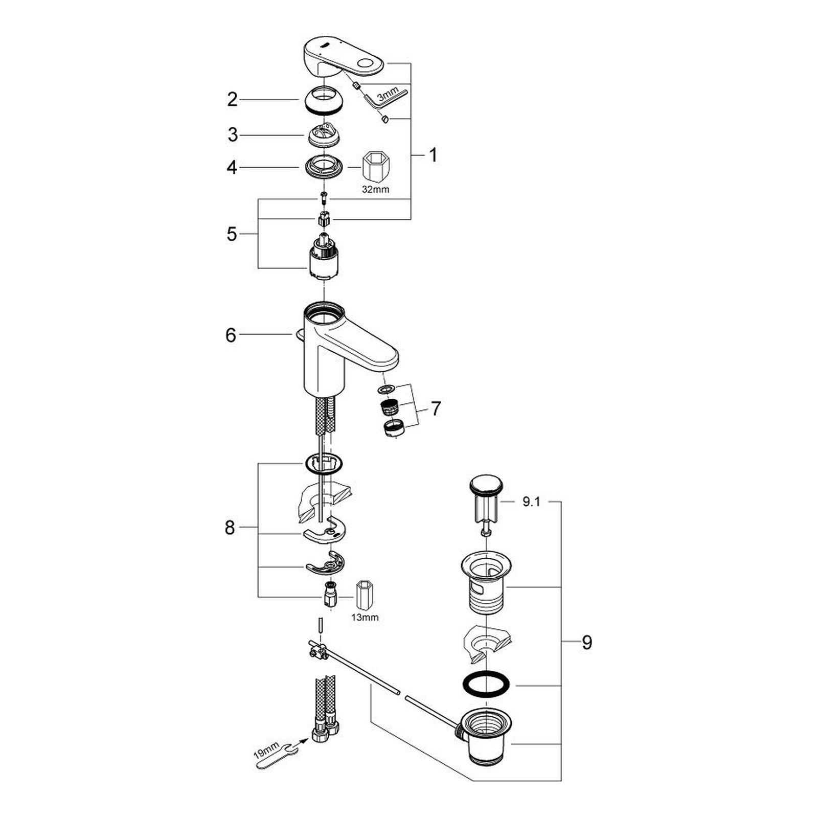 Onderdelentekening Grohe Europlus wastafelmengkraan S-Size 2008–2014