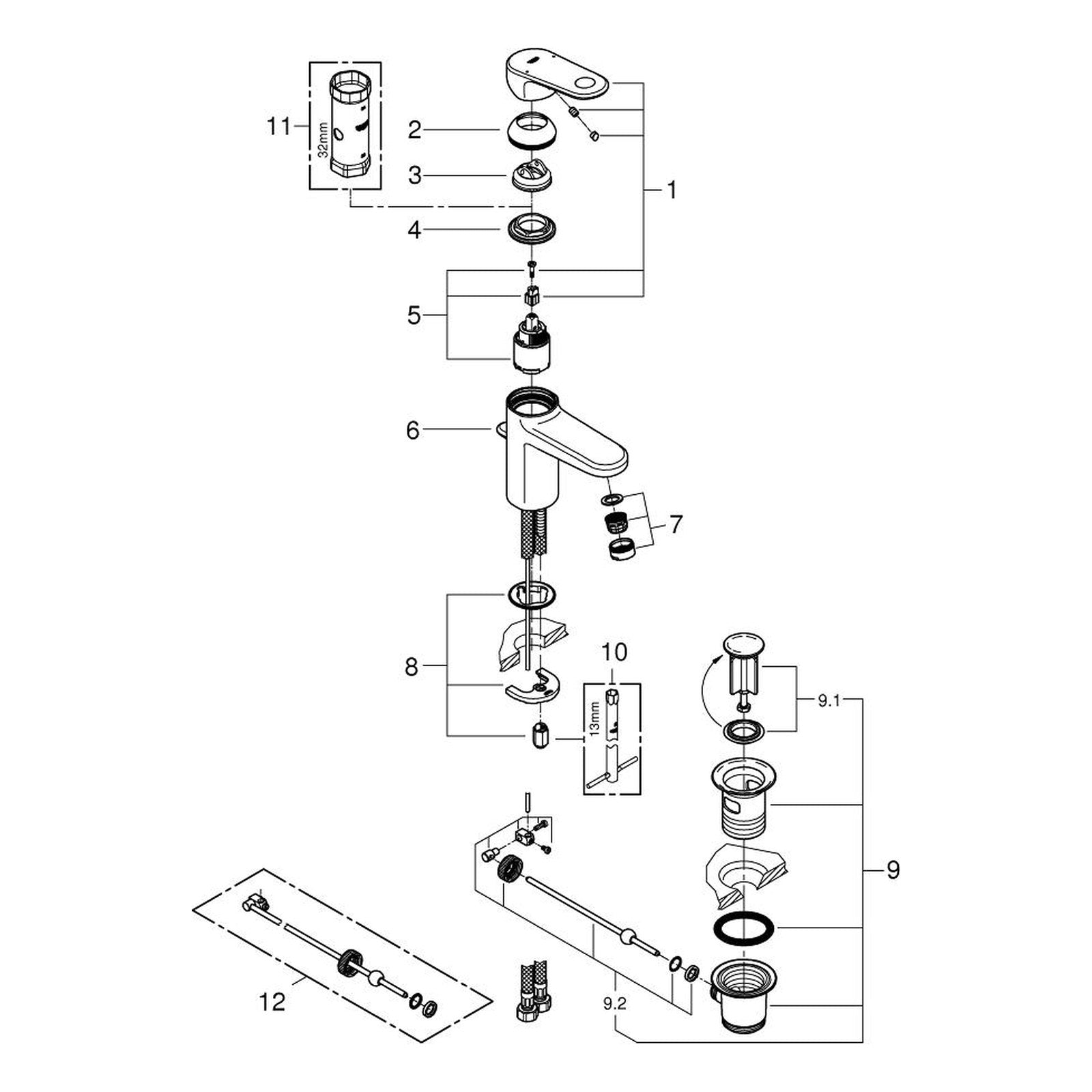 Onderdelentekening Grohe Europlus wastafelmengkraan S-Size 2014–2017