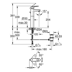 Maattekening Grohe Europlus wastafelmengkraan XL-Size