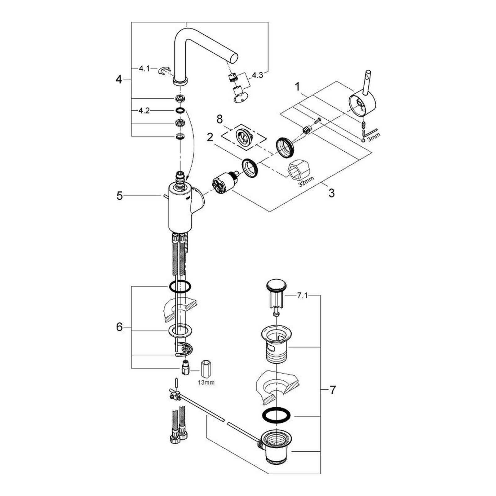 Onderdelentekening Grohe Essence wastafelmengkraan L-Size 2007–2012