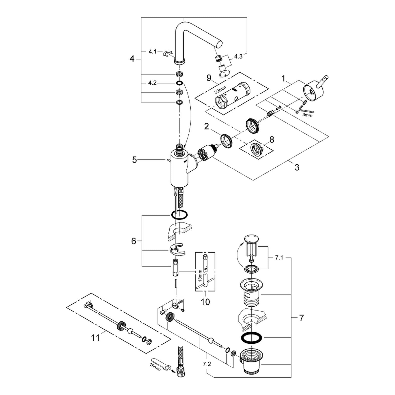 Onderdelentekening Grohe Essence wastafelmengkraan L-Size