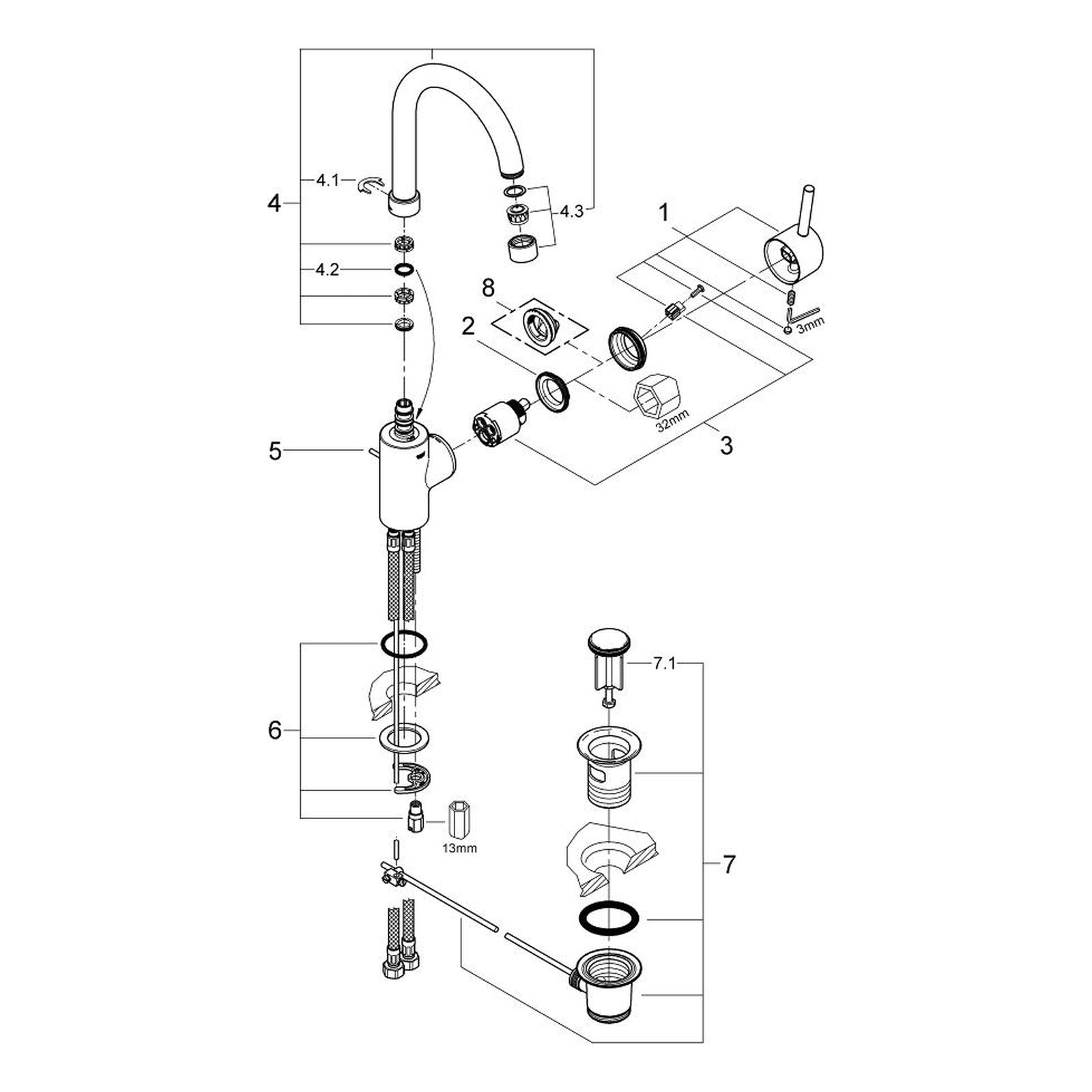 Onderdelentekening Grohe Concetto wastafelmengkraan