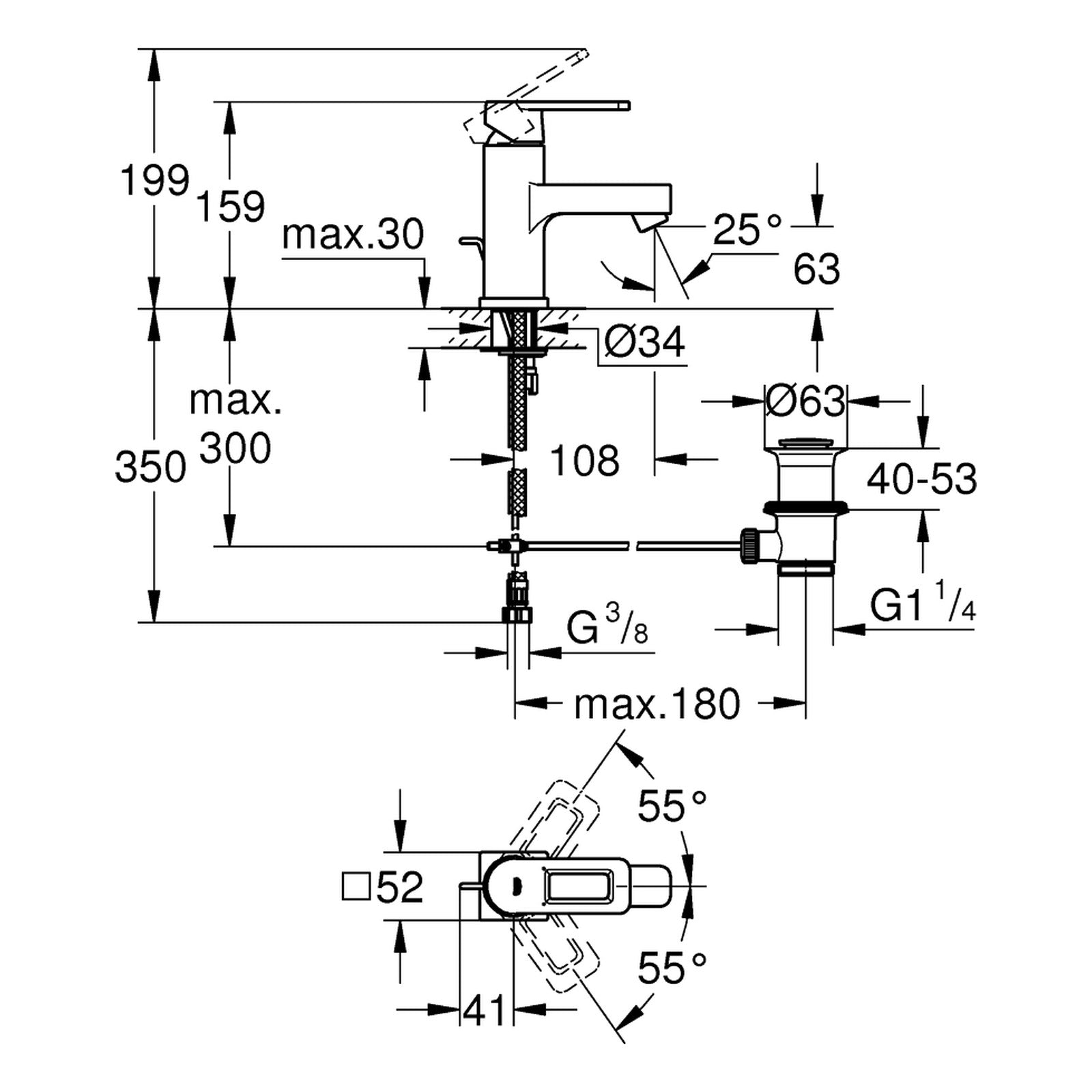 Maattekening Grohe Quadra wastafelmengkraan S-Size