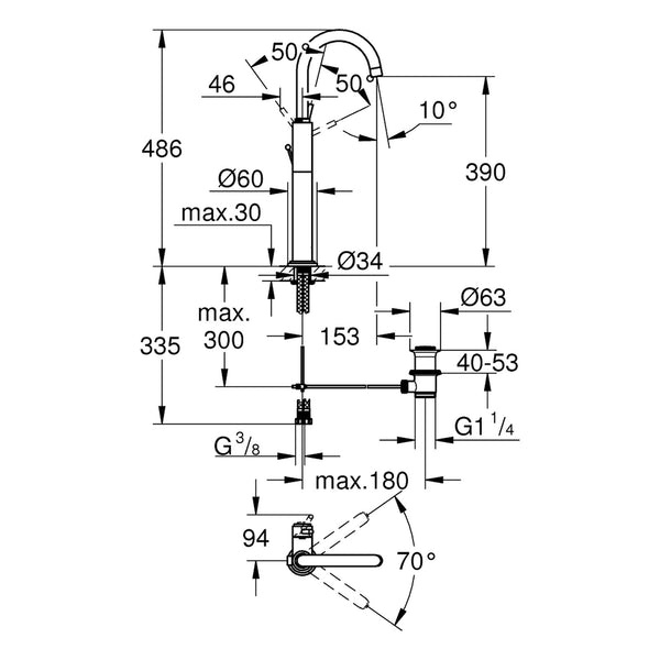Maattekening Grohe Atrio wastafelmengkraan XL-Size