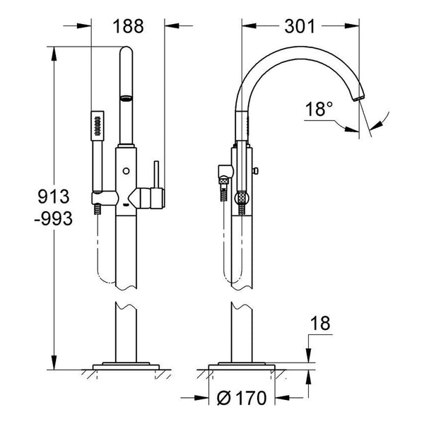 Maattekening Grohe Atrio badmengkraan, vloermontage