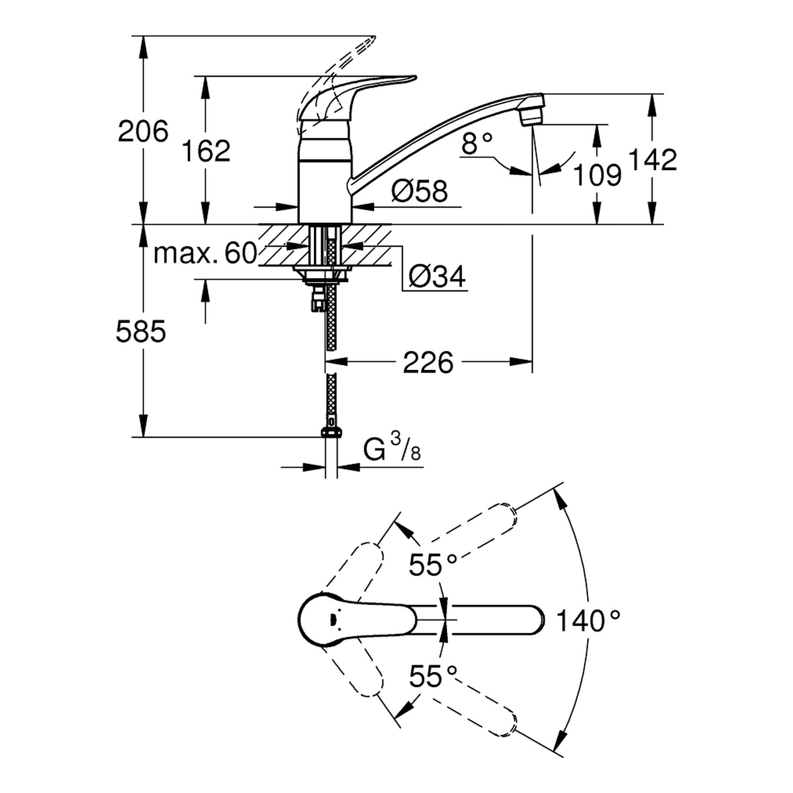 Maattekening Grohe EuroPro keukenmengkraan