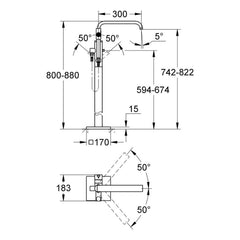 Maattekening Grohe Allure badmengkraan, vloermontage