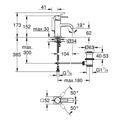Maattekening Grohe Allure wastafelmengkraan M-Size