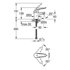 Maattekening Grohe Eurosmart Care wastafelmengkraan