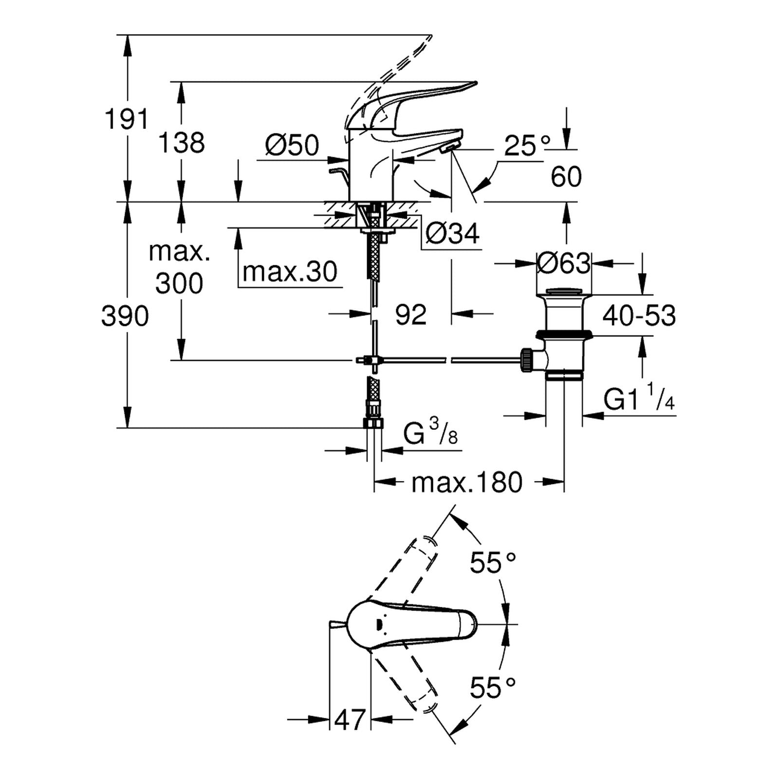 Maattekening Grohe Eurosmart Care wastafelmengkraan
