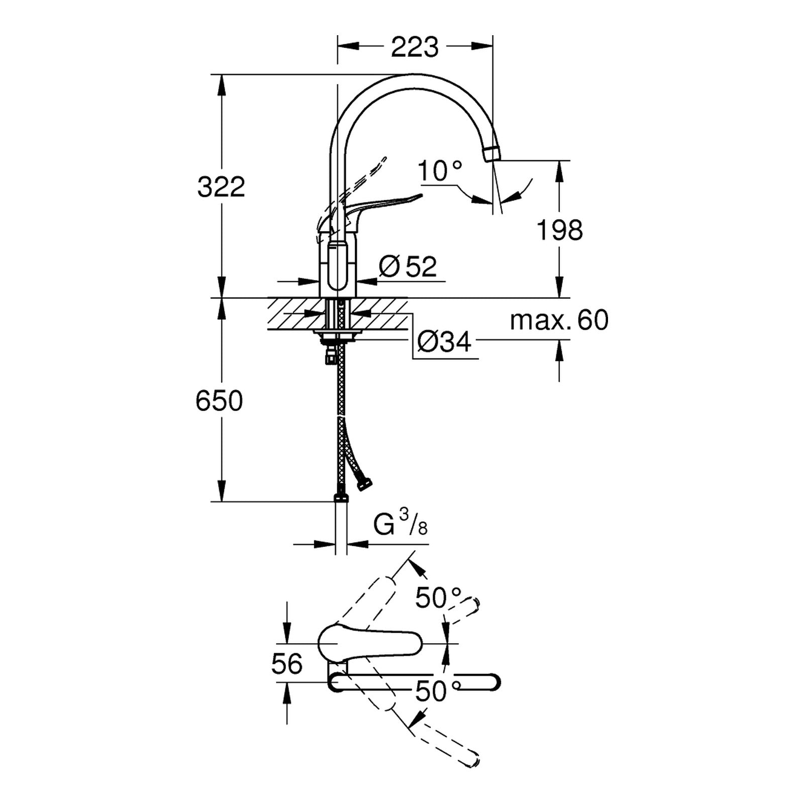 Maattekening Grohe Eurosmart Care keukenmengkraan
