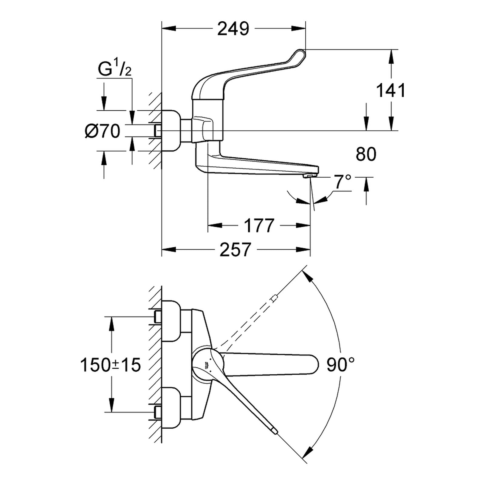 Maattekening Grohe Eurosmart Care veiligheids wastafelmengkraan