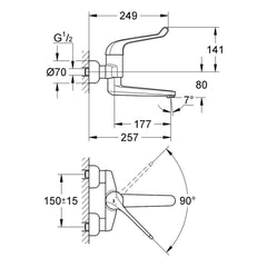 Maattekening Grohe Eurosmart Care veiligheids wastafelmengkraan