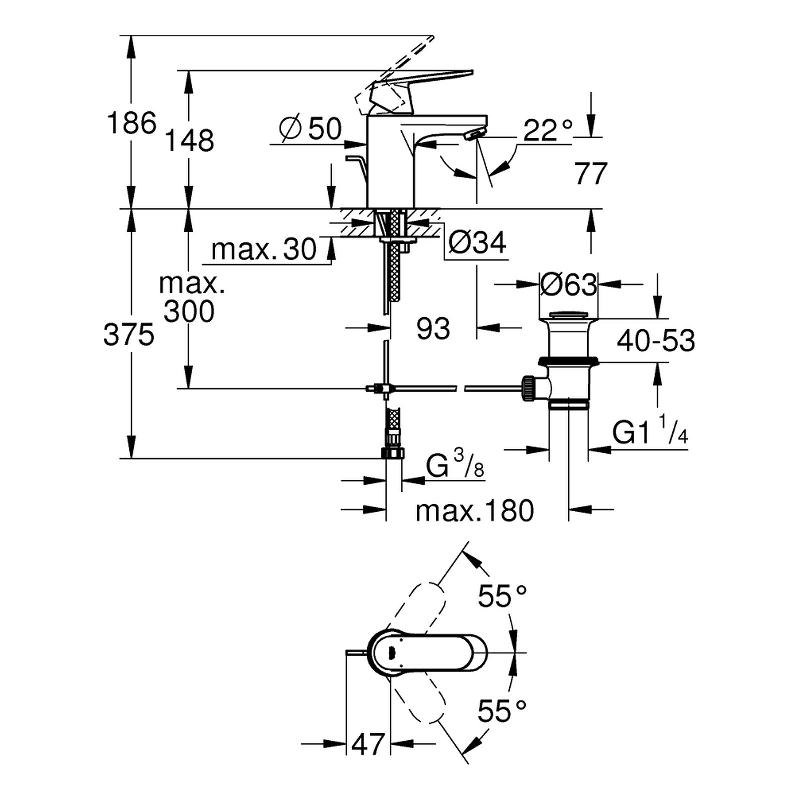 Maattekening Grohe Eurosmart Cosmopolitan wastafelmengkraan S-Size