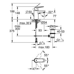 Maattekening Grohe Eurosmart Cosmopolitan wastafelmengkraan S-Size