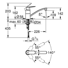 Maattekening Grohe Eurosmart Cosmopolitan keukenmengkraan
