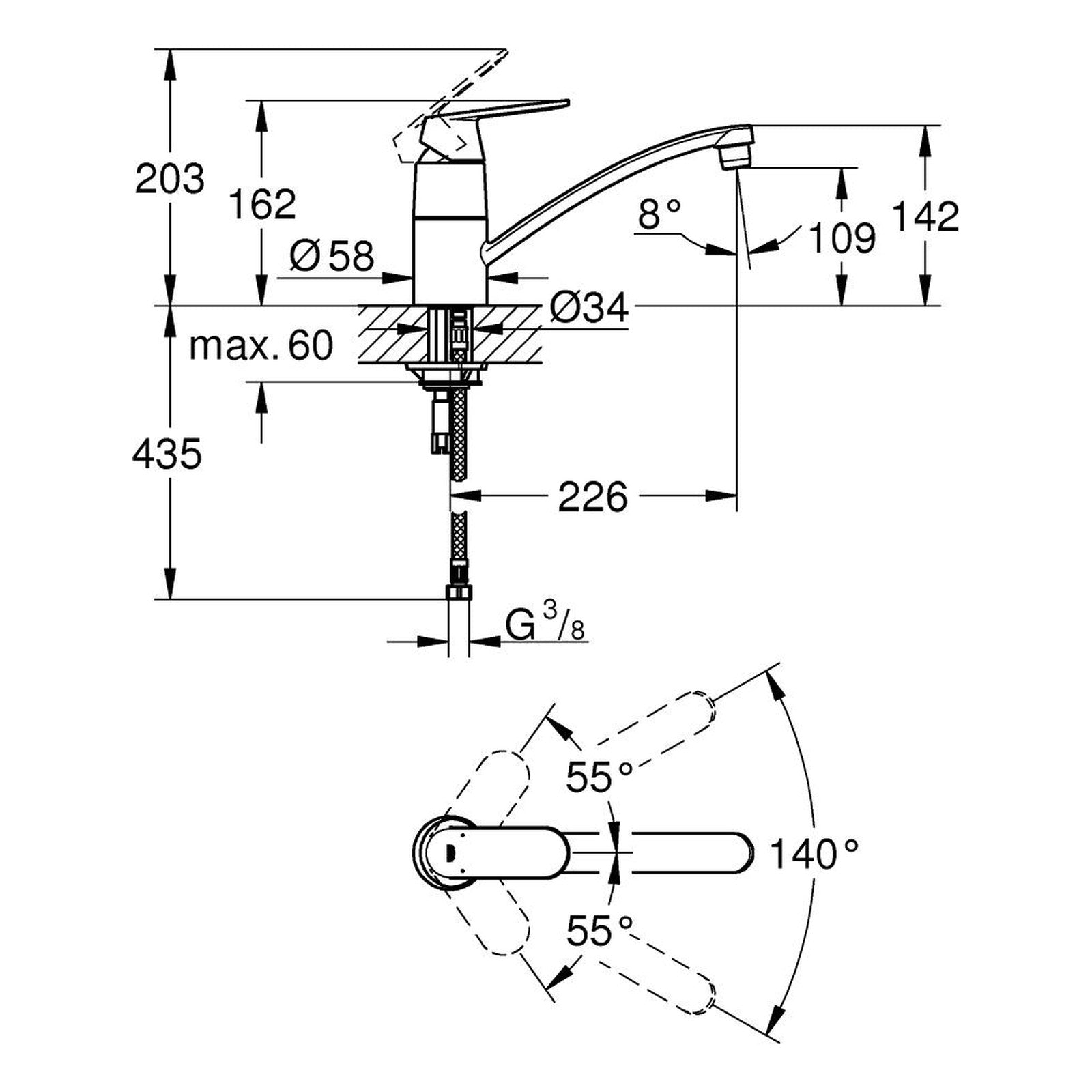 Maattekening Grohe Eurosmart Cosmopolitan keukenmengkraan
