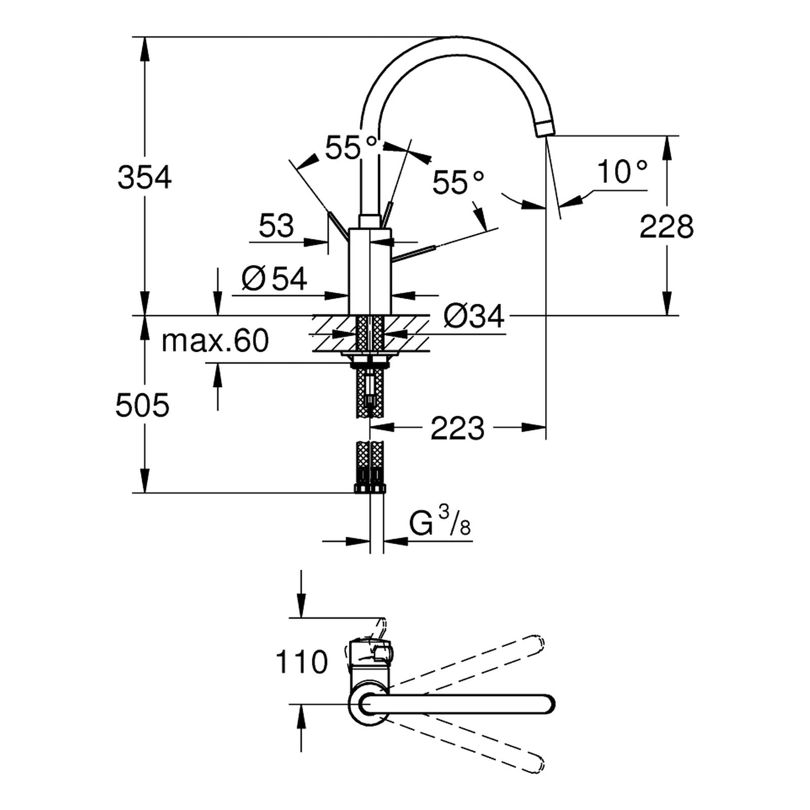 Maattekening Grohe Eurosmart Cosmopolitan keukenmengkraan